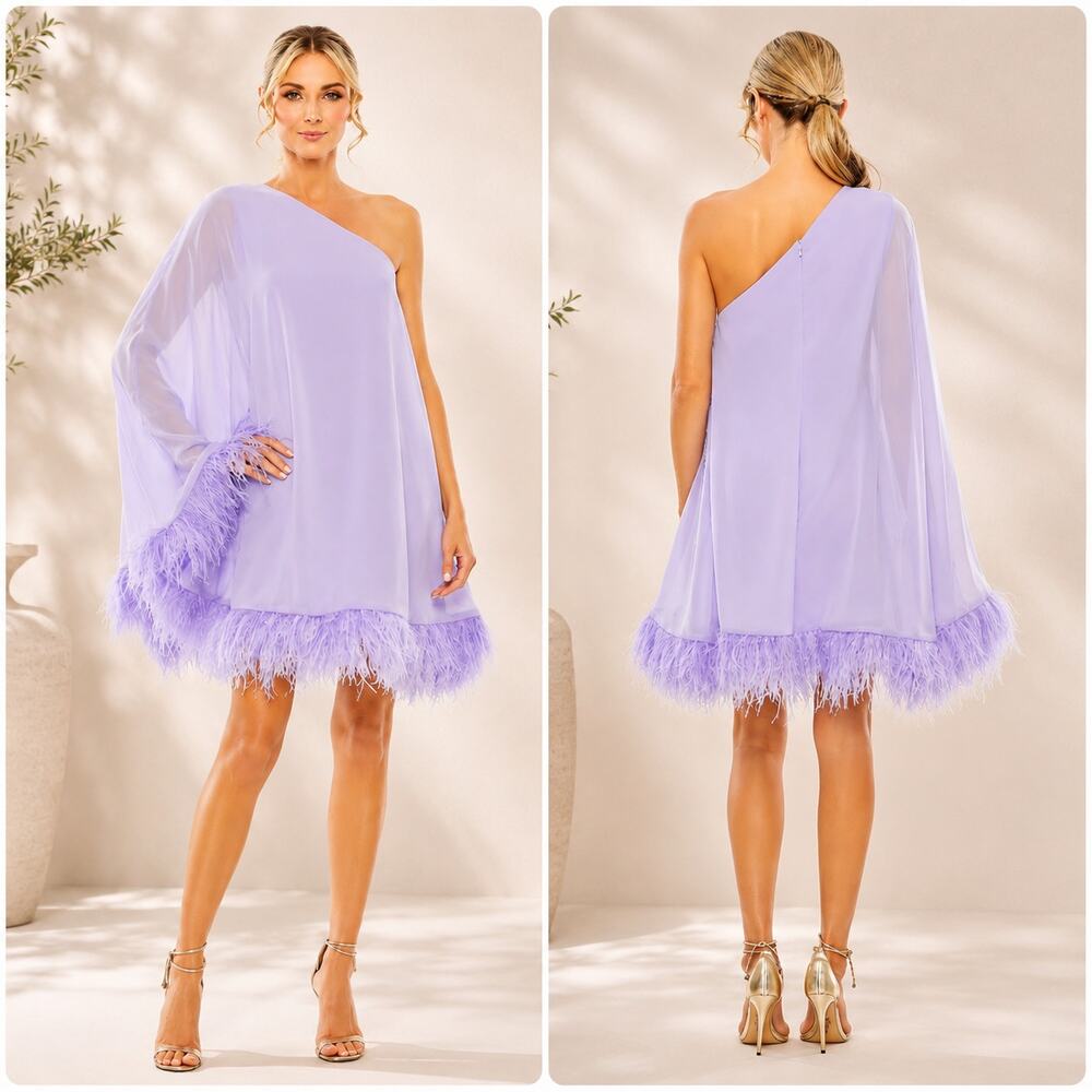 Mac Duggal 11623 One Shoulder Trapeze Mini Dress Feather Trim size 4 Lilac New
